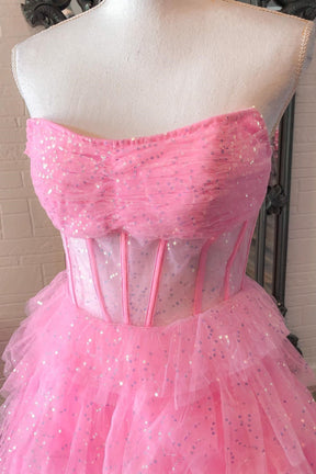 dressimeA-Line Strapless Tulle Sequin Tiered Prom Dresses 