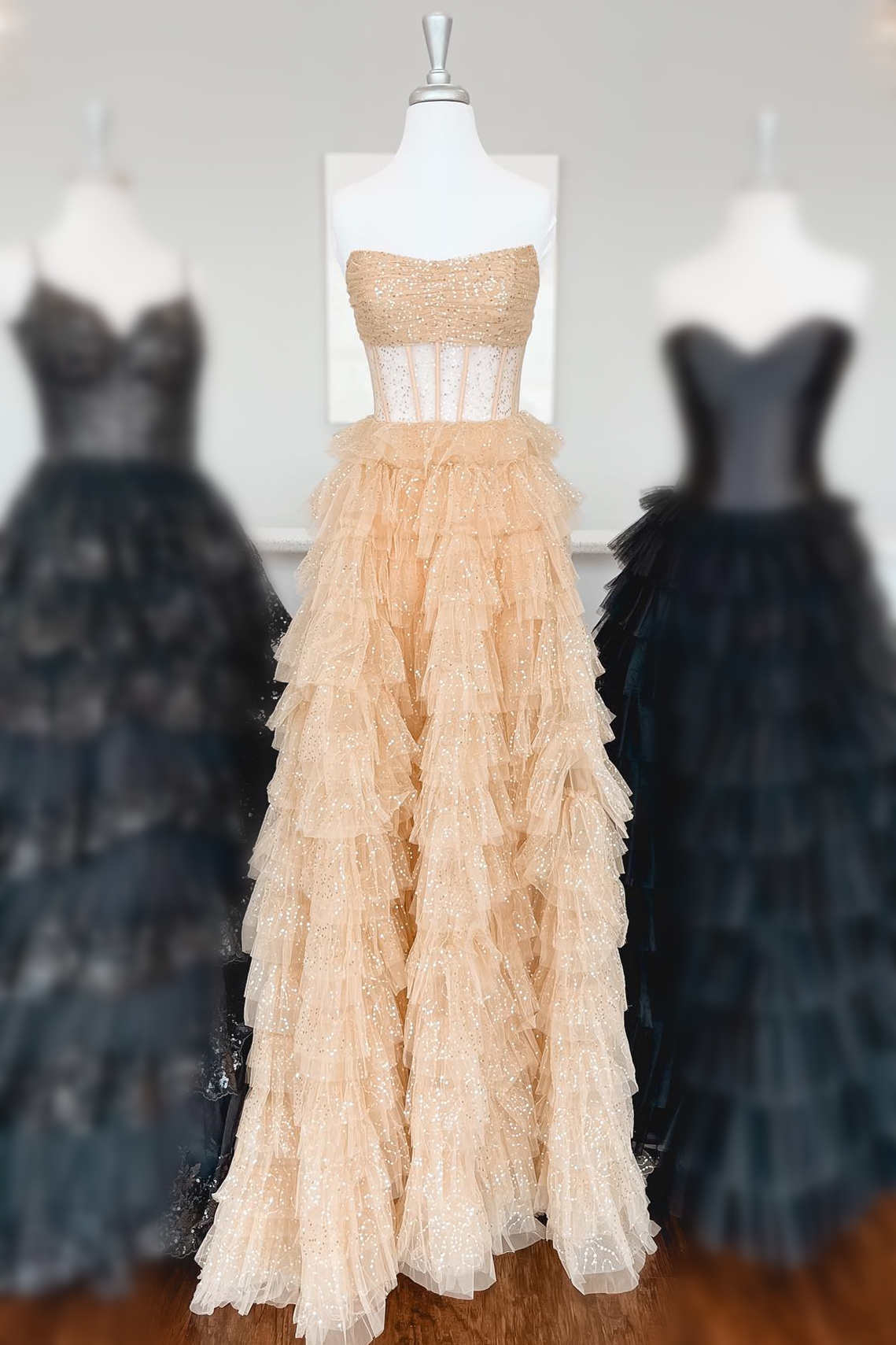 dressimeA-Line Strapless Tulle Sequin Tiered Prom Dresses 