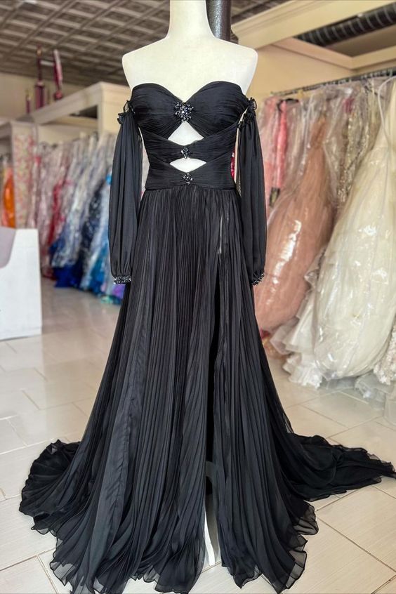dressimeA Line Sweetheart Beades Chiffon Prom Dresses with Slit 
