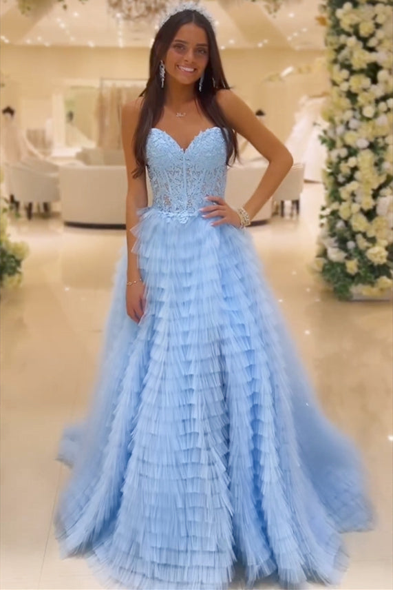 dressimeA Line Sweetheart Lace Corset Tiered Tulle Prom Dress 