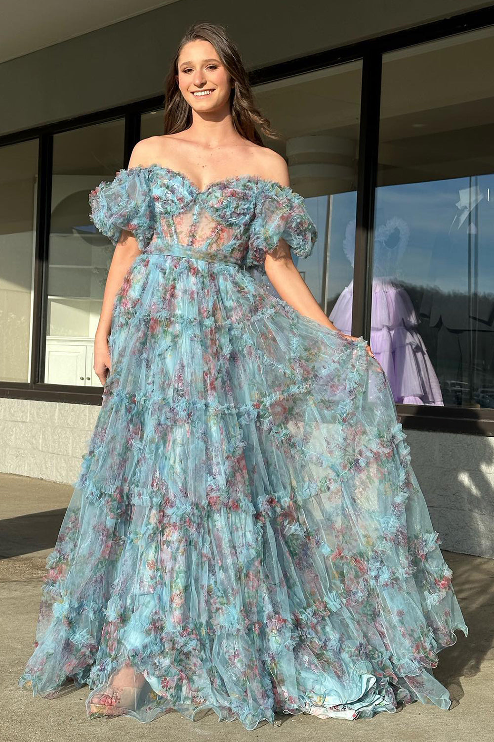 dressimeA Line Sweetheart Ruffles Sweep Train Floral Printed Chiffon Prom Dresses 