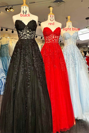 dressimeA-Line Sweetheart Tulle Corset Long Prom Dresses With Appliques 