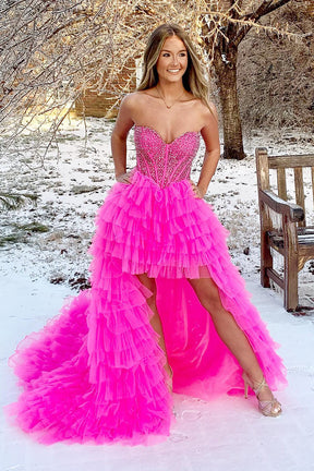 dressimeA Line Sweetheart Tulle High-Low Tiered Prom Dresses 