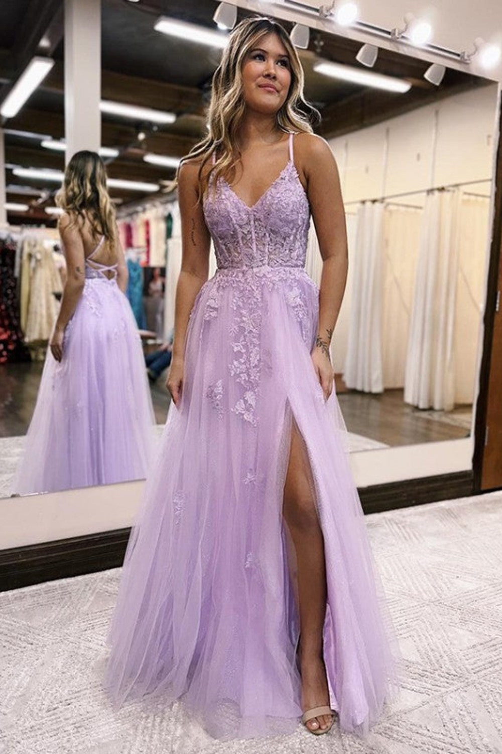 dressimeA Line Tulle Lace Appliques Purple V Neck Prom Dresses Cheap Evening Dresses 