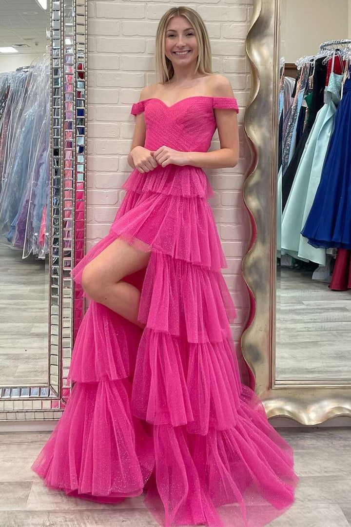 dressimeA Line Tulle Off The Shoulder Tiered Prom Dress With Slit 