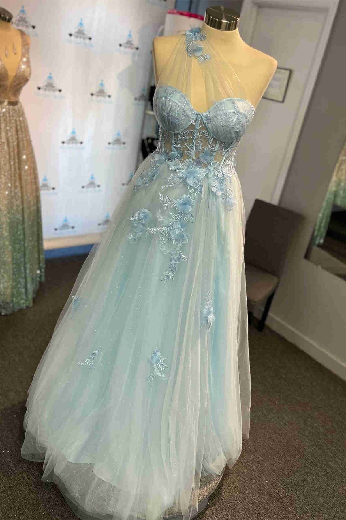dressimeA Line Tulle One Shoulder Long Prom Dress with Appliques 