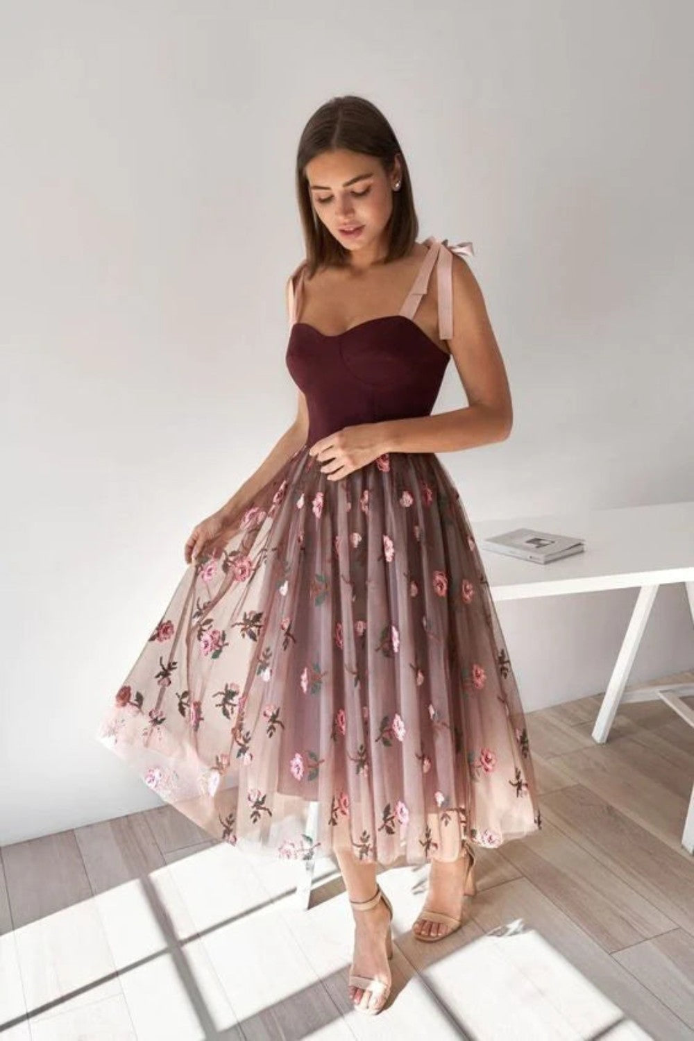 dressimeA Line Tulle Short Prom Dresses Floral Tea Length 