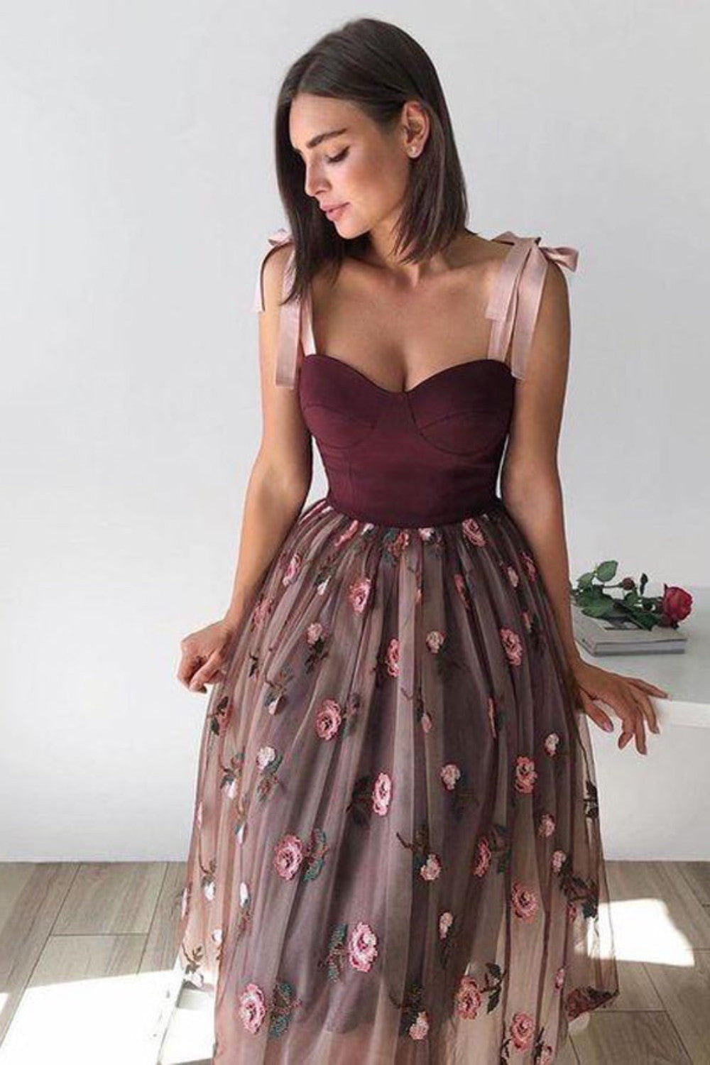 dressimeA Line Tulle Short Prom Dresses Floral Tea Length 