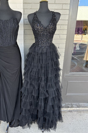 dressimeA Line V Neck Lace Appliques Ruffle Tiered Long Prom Dresses 