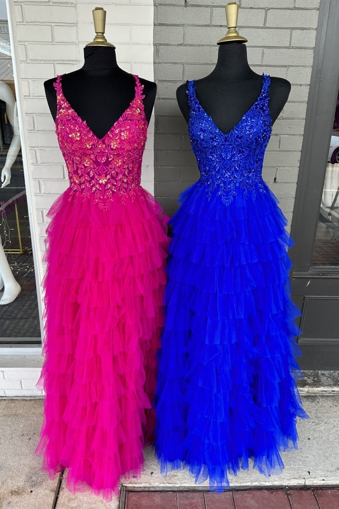 dressimeA Line V Neck Lace Appliques Ruffle Tiered Long Prom Dresses 