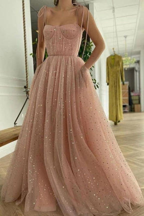 Dressime A Line Spaghetti Straps Tulle Long Prom Dresses, Pink Sequin Formal Evening Dreses