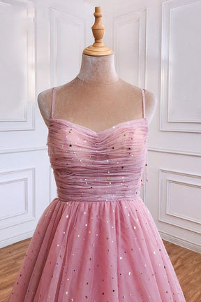 Dressime A Line Spaghetti Straps Tulle Long Prom Dresses, Pink Sequin Formal Evening Dreses