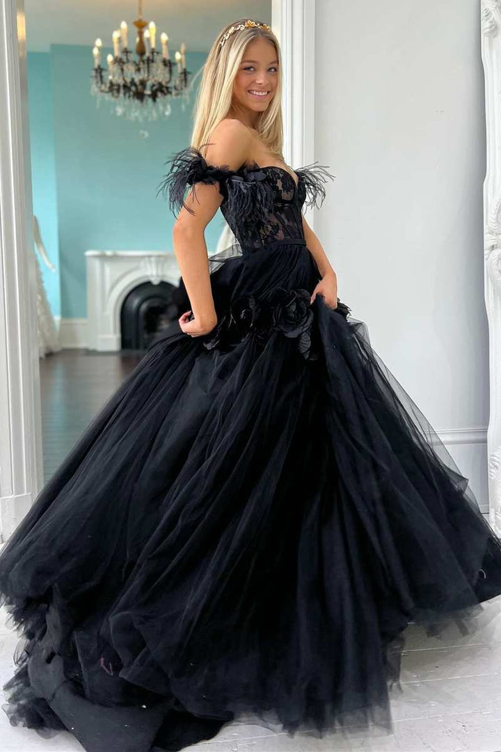 dressimeBall Gown Lace Feather Off-the-Shoulder Long Prom Dresses with 3D Floral Lace 