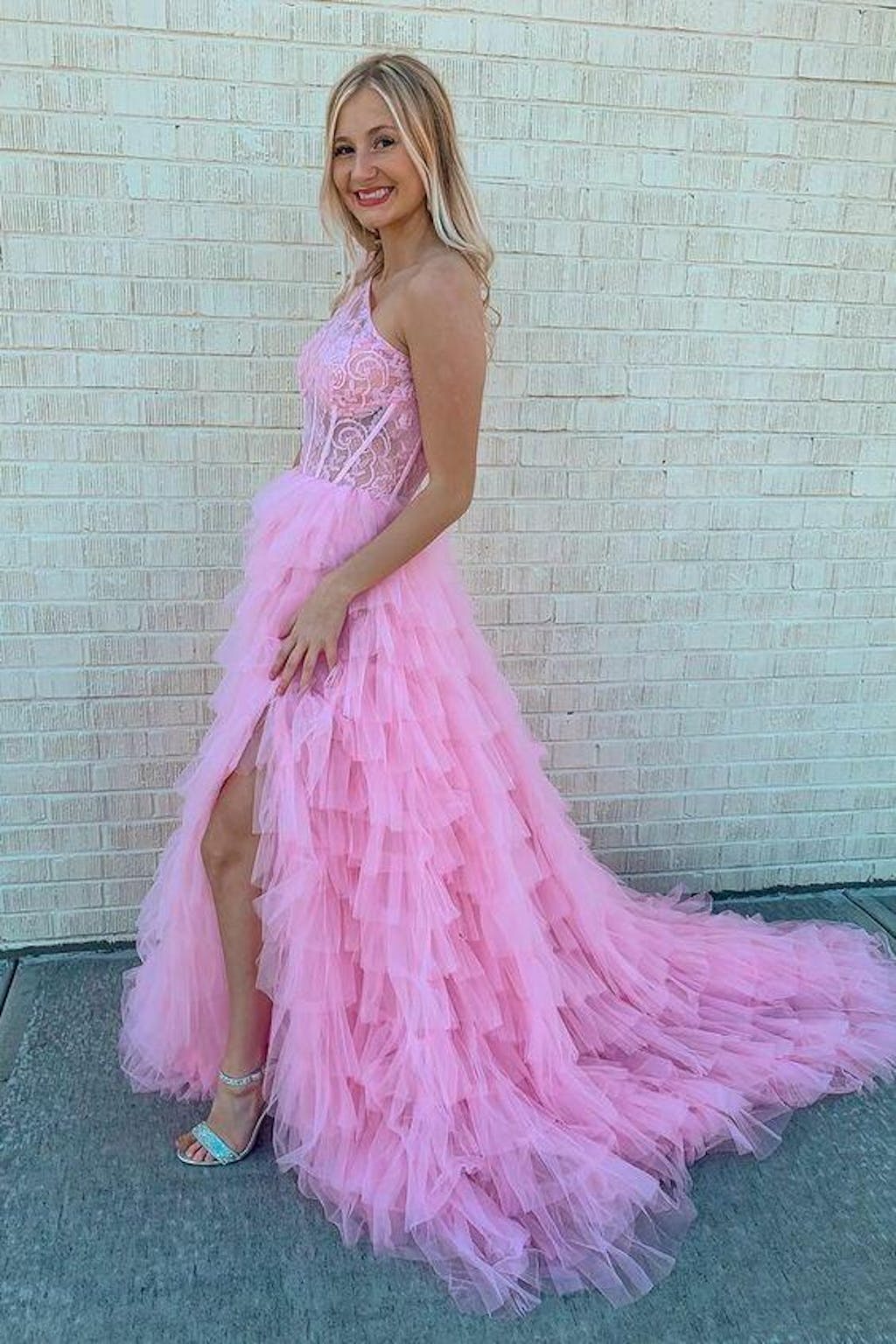 dressimeBall Gown Lace One Shoulder Multi-Tiered Prom Dresses with Ruffles 