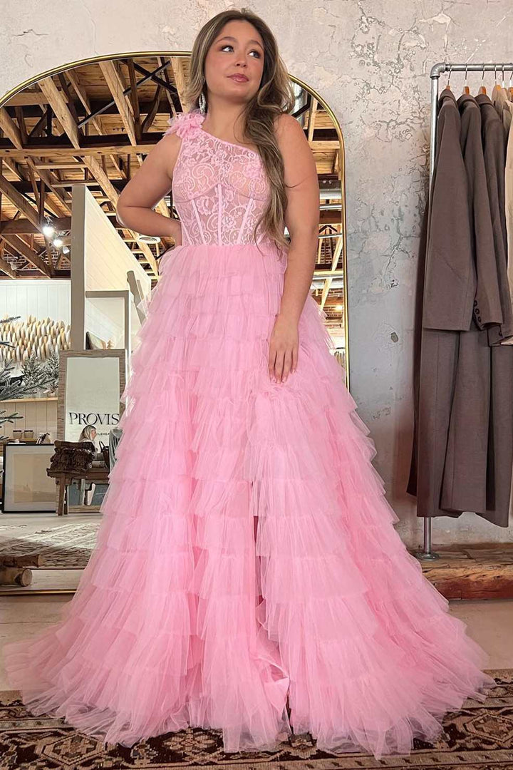 dressimeBall Gown Lace One Shoulder Multi-Tiered Prom Dresses with Ruffles 