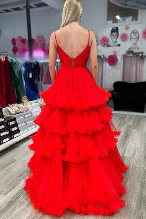 dressimeBall Gown Spaghetti Straps Corset Tiered Tulle Long Prom Dress 