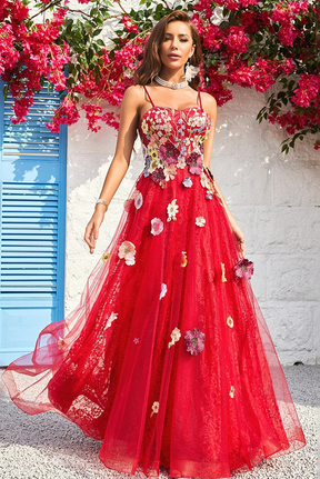 dressimeCharming A Line Tulle Floor Length Prom Dresses with Appliques Long Evening Dresses 