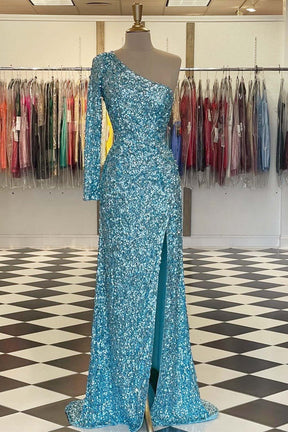 dressimeCharming One Shoulder Long Simple Cheap Sequin Mermaid Prom Dresses Evening Dresses 