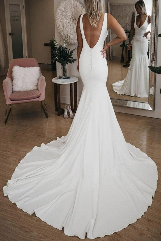 dressimeChic V Neck Mermaid Wedding Dresses Ivory Satin Long Cheap Beach Wedding Gowns 