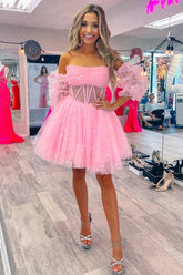 dressimeCute A Line Sweetheart Lace up Strapless Tulle Homecoming Dress with Detachable Sleeves 