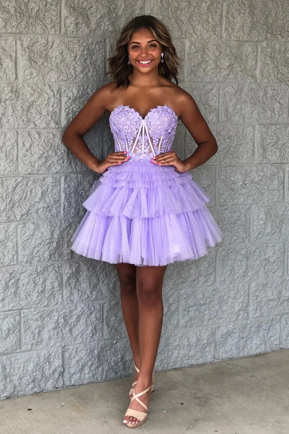 dressimeCute A Line Tiered Sweetheart Tulle Short Homecoming Dresses with Ruffles 