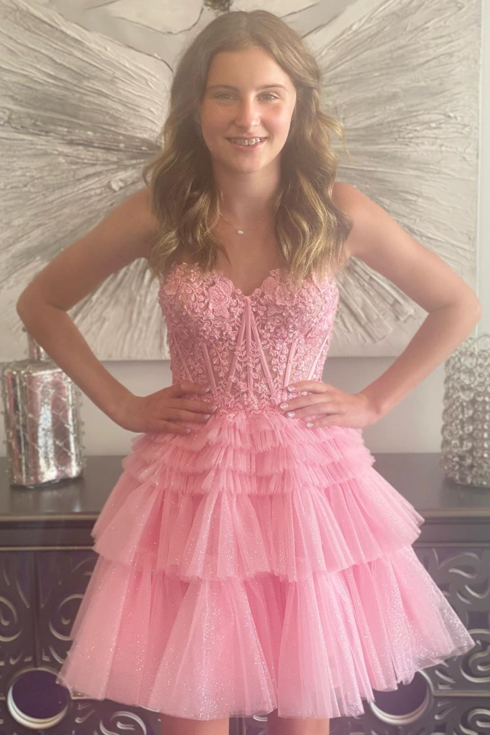 dressimeCute A Line Tiered Sweetheart Tulle Short Homecoming Dresses with Ruffles 