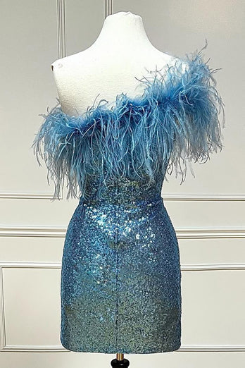 dressimeCute One Shoulder Sequins Feathered Blue Short Homecoming Cocktail Dresses H1292 