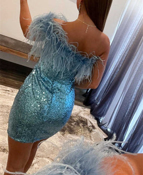 dressimeCute One Shoulder Sequins Feathered Blue Short Homecoming Cocktail Dresses H1292 