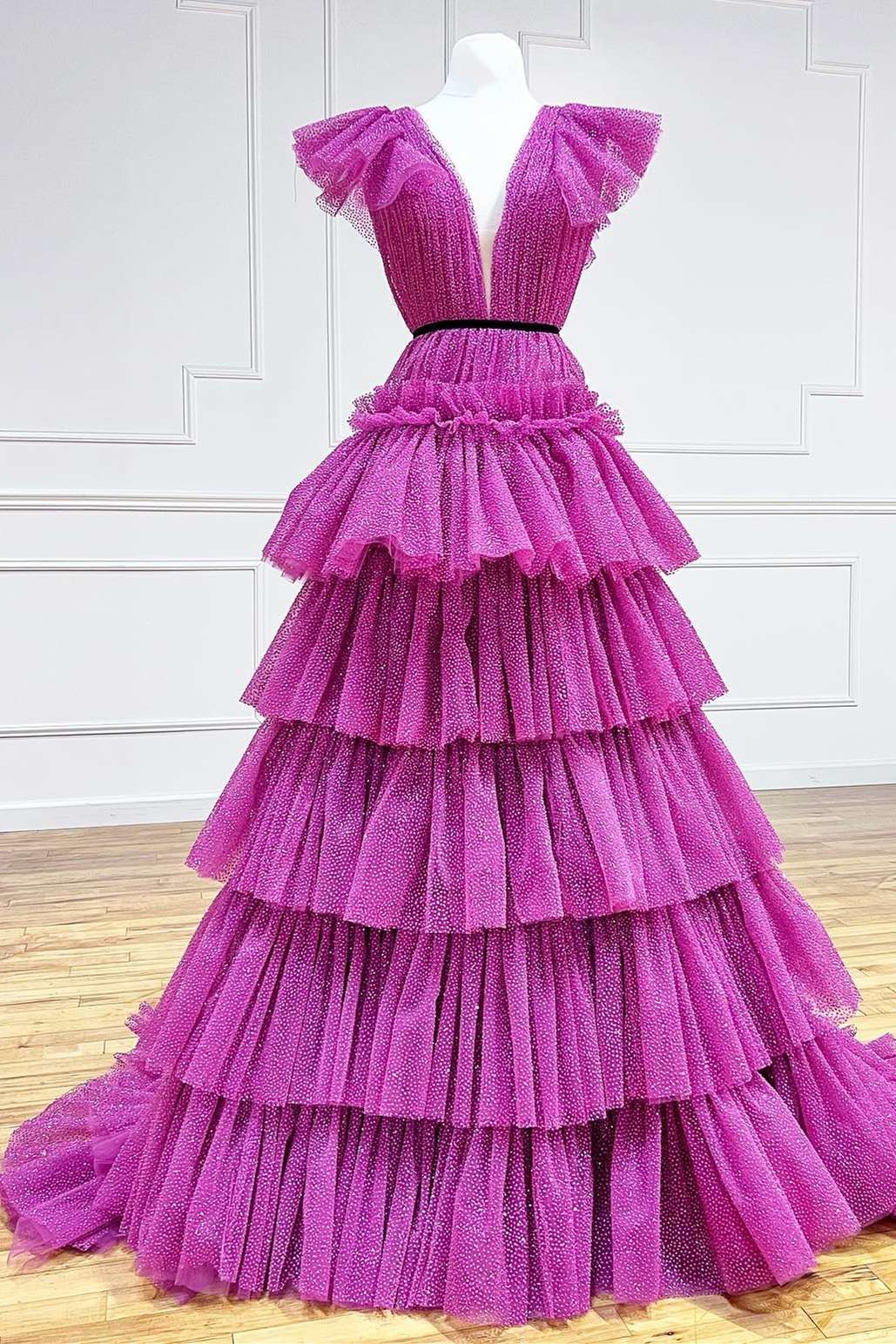 dressimeDressime Ball Gown V Neck Plunge Tiered Prom Dress with Ruffles 