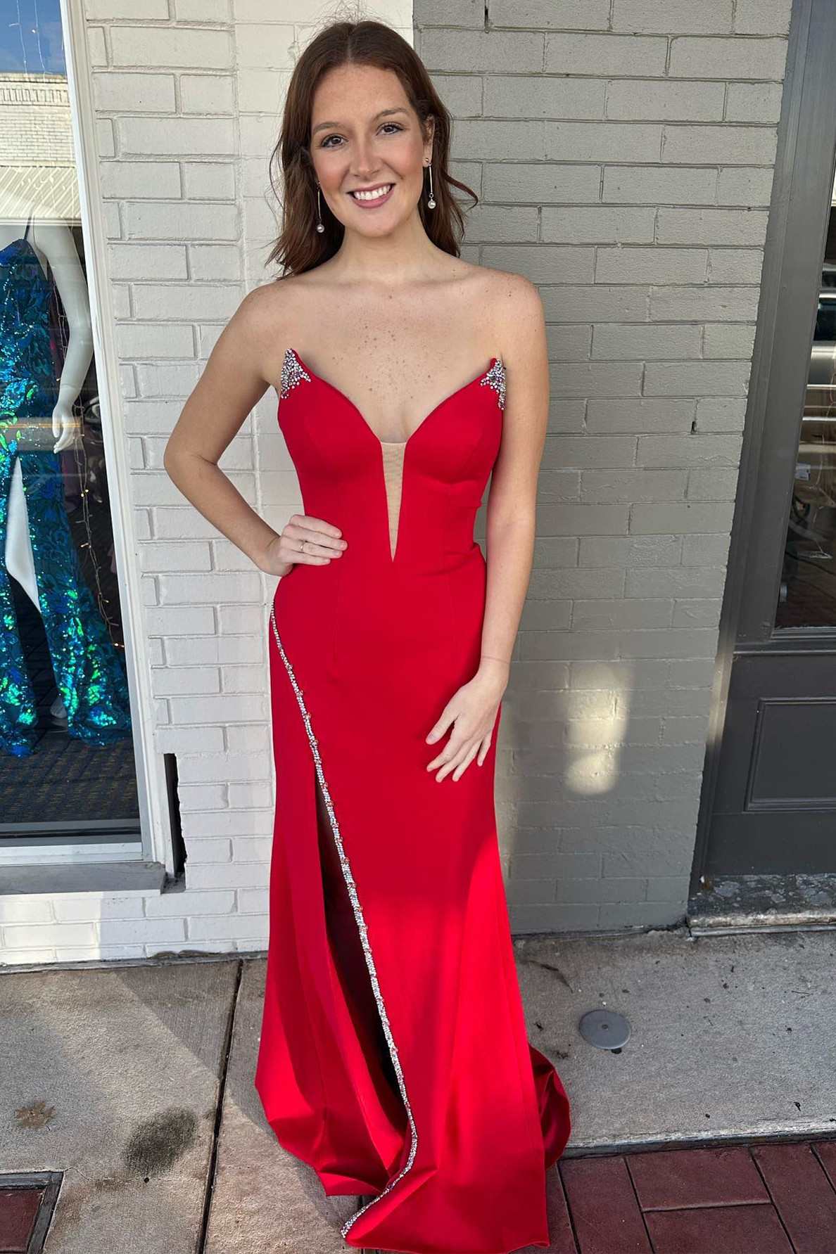 dressimeDressime Sheath Bead-Trimmed Strapless Long Prom Dress with Slit 