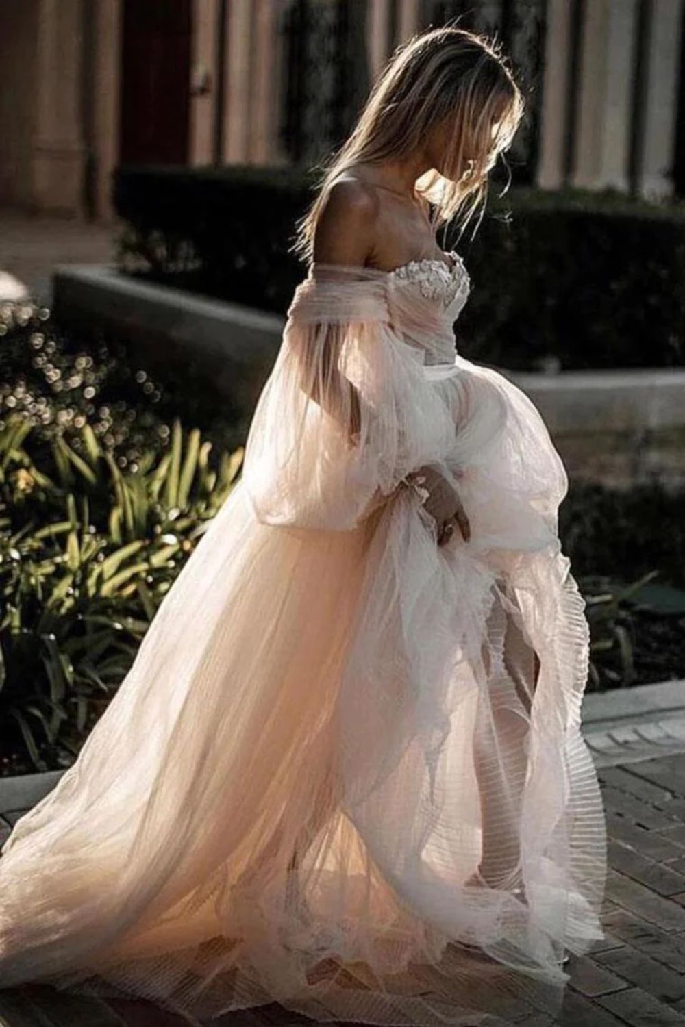 Dressime Princess Long Puff Sleeves Off The Shoulder Tulle Beach Wedding Dresses