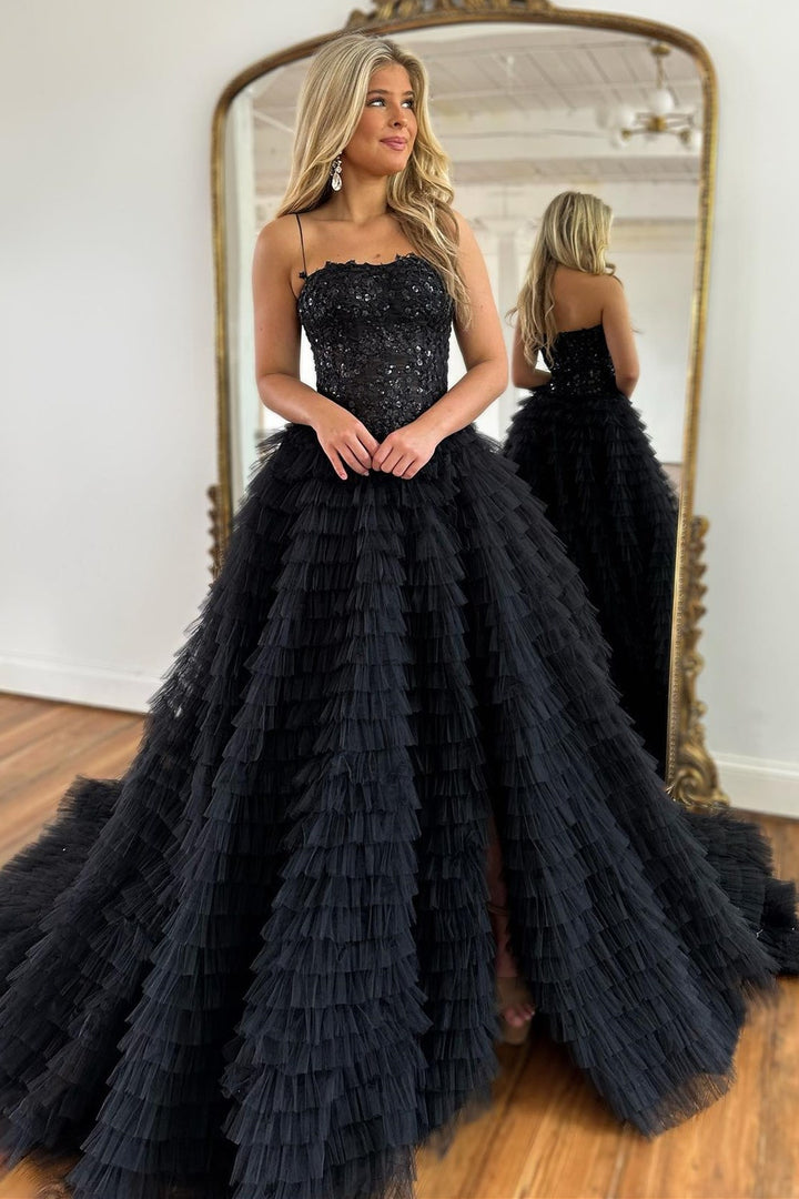 dressimeElegant A Line Strapless Tulle Tiered Prom Dresses with Slit 