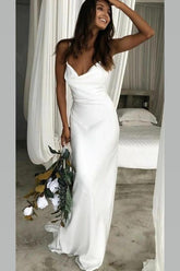 dressimeElegant Mermaid Cowl Neckline White Simple Wedding Dresses, Spaghetti Straps Bride Dress 