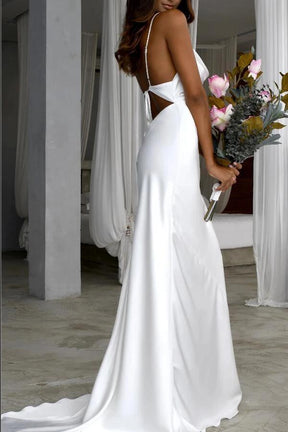 dressimeElegant Mermaid Cowl Neckline White Simple Wedding Dresses, Spaghetti Straps Bride Dress 