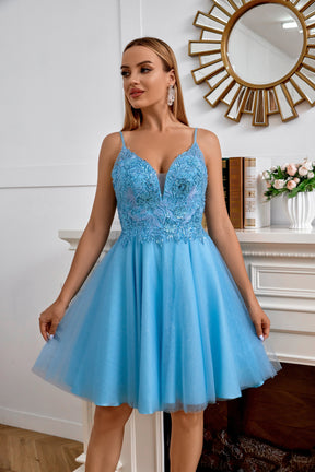 dressimeExquisite Blue A Line Spaghetti Straps V Neck Sleeveless Applique Tulle Homecoming Dress 