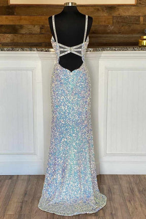 dressimeGlitter Mermaid Sequins V Neck Long Prom Dresses with Slit 
