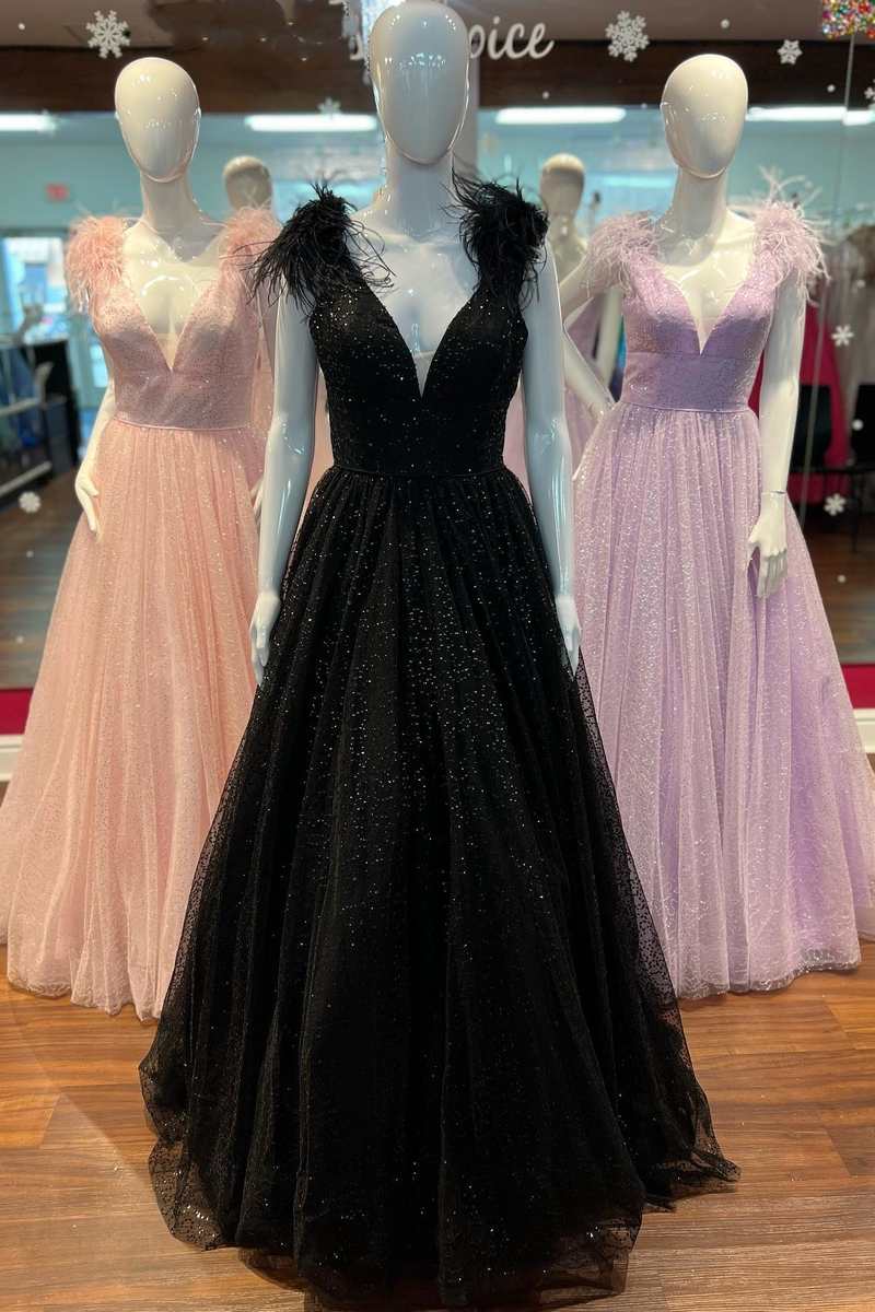 dressimeGlitter Sequin V Neck A Line Feathers Prom Dresses 