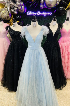 dressimeGlitter Sequin V Neck A Line Feathers Prom Dresses 