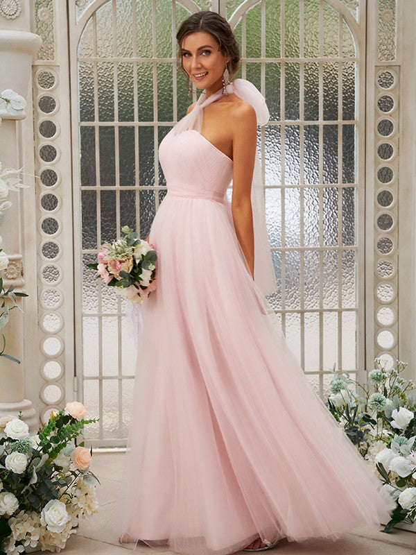 dressimeHalter A Line Tulle Pink Bridesmaid Dresses Floor-Length With Ruffles 