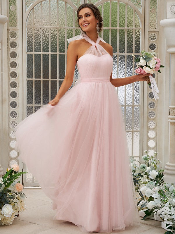 dressimeHalter A Line Tulle Pink Bridesmaid Dresses Floor-Length With Ruffles 