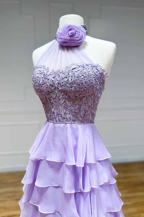 dressimeHigh Neck Ruffle Chiffon Long Prom Dresses with 3D Flower 