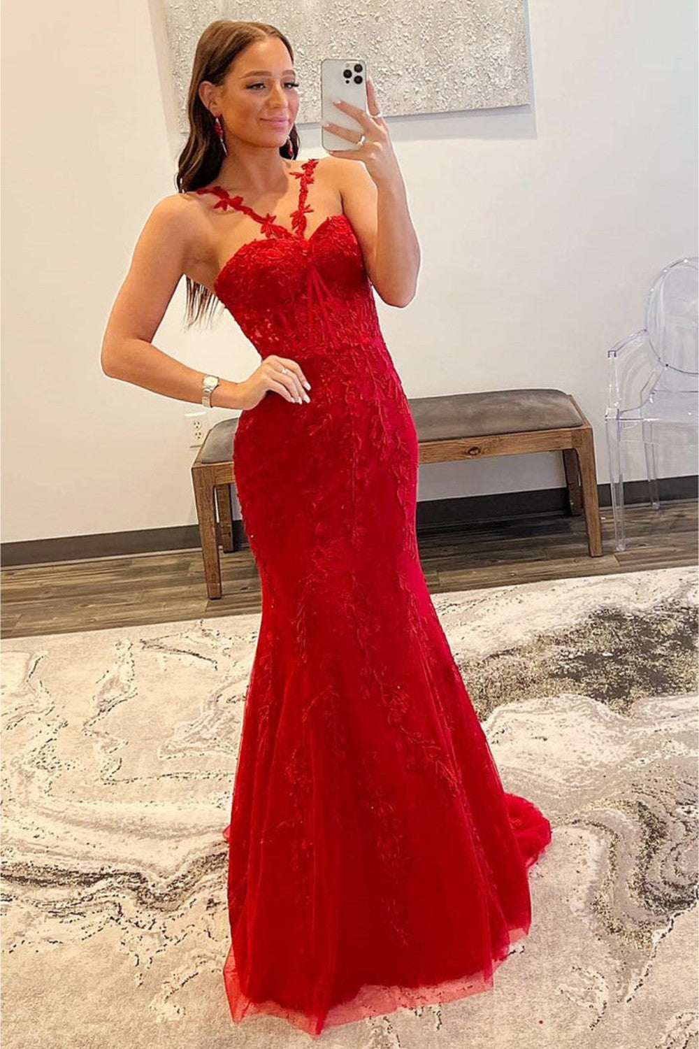 dressimeHot Mermaid Halter Lace Prom Dresses With Appliques 