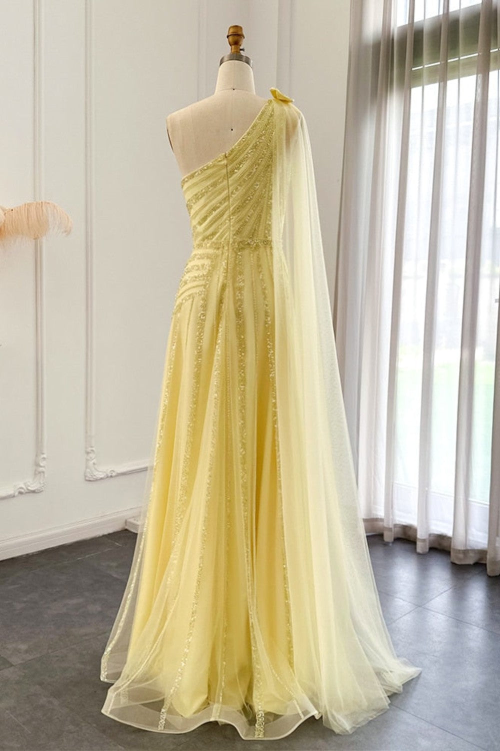 dressimeLuxury One Shoulder Tulle Beaded Slit Prom Dress with Cape 