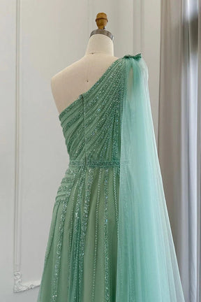 dressimeLuxury One Shoulder Tulle Beaded Slit Prom Dress with Cape 