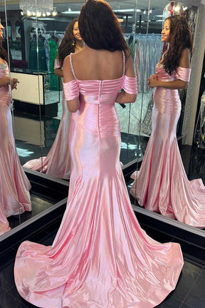 dressimeMermaid Cold Sleeves Satin Beaded Ruched Long Prom Dress 