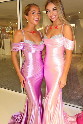 dressimeMermaid Cold Sleeves Satin Beaded Ruched Long Prom Dress 