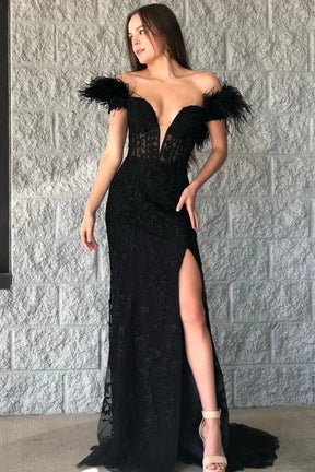 dressimeMermaid Off the Shoulder Long Lace Appliques Prom Dresses With Feather 