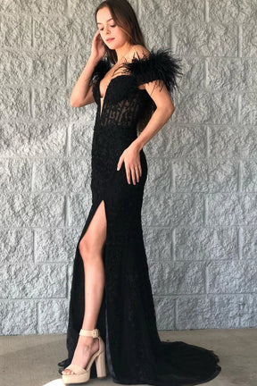 dressimeMermaid Off the Shoulder Long Lace Appliques Prom Dresses With Feather 