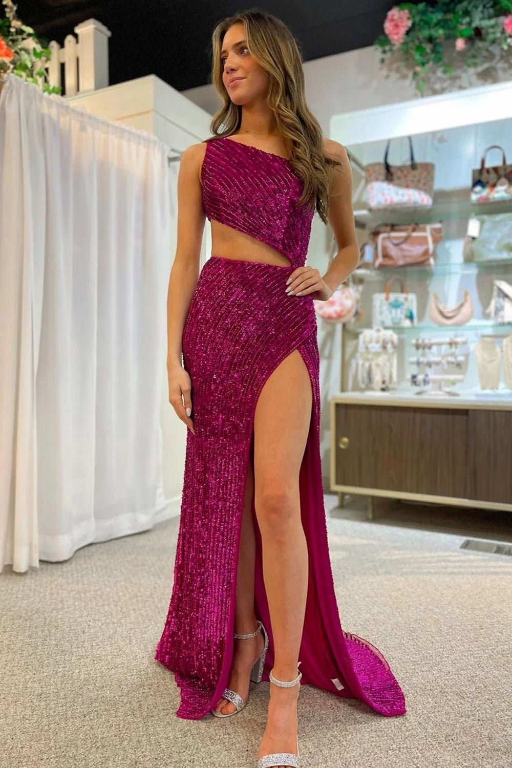dressimeMermaid One Shoulder Cut Out Prom Dresses with Split 