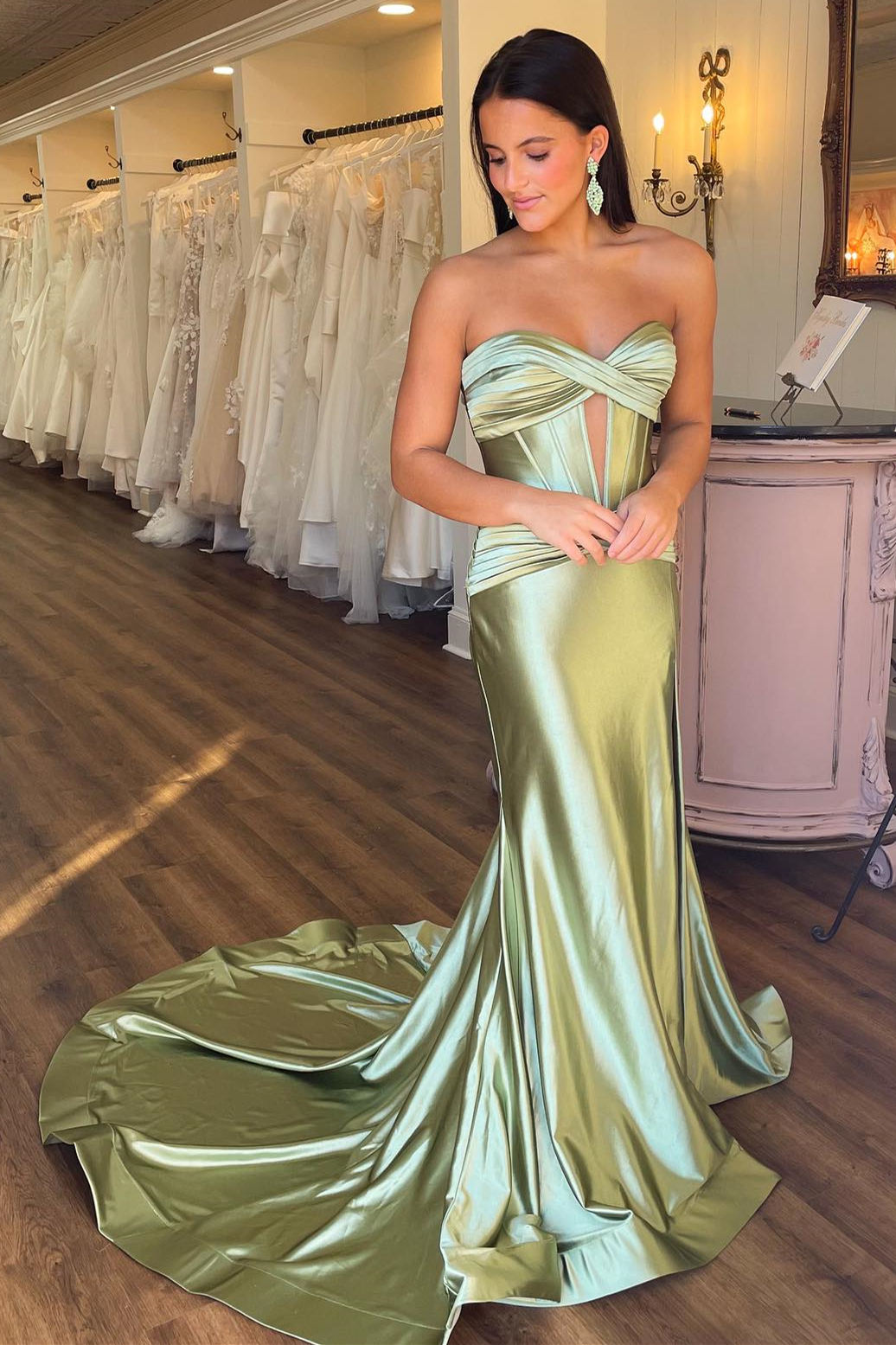 dressimeMermaid Satin Sweetheart Cut Out Long Prom Dress with Slit 